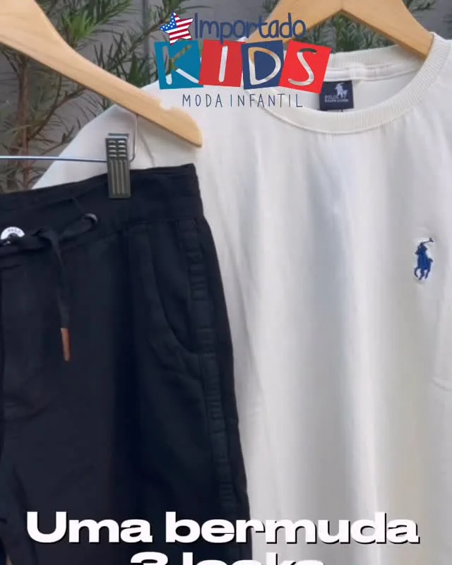 Camiseta Ralph Lauren branca com bermuda preta